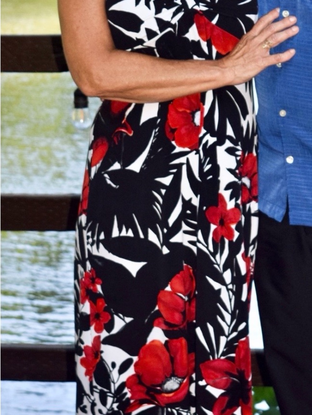 White House Black Market      Black and White Dress with Red Floral Print